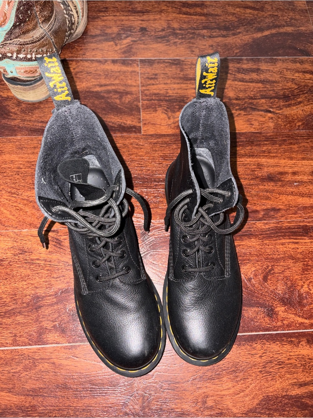 Dr. Martens Black Leather Lace-Up Ankle Boots with Yellow Stitching
